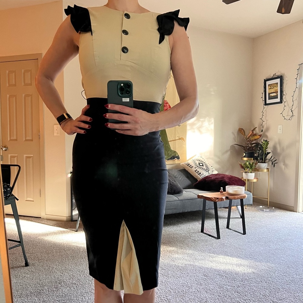 Stop Staring 1940s vintage reproduction dress retro black tan M 1950s 40s 50s